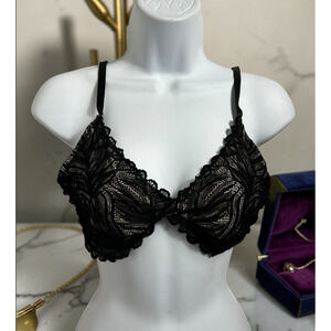 Nicole Miller Black Lace Bralette Size Large V-Neck Unpadded Bra